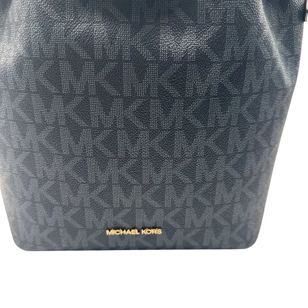 Michael Kors MK Signature Blue Bucket Bag Designer Logo Tote Gold Hardware